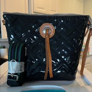 Consuela Black Patent Leather Bag with Tan and Green Accents